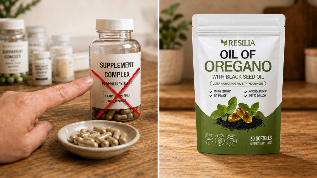 Comparison showing an ordinary proprietary blend supplement on the left and Resilia Oil of Oregano on the right