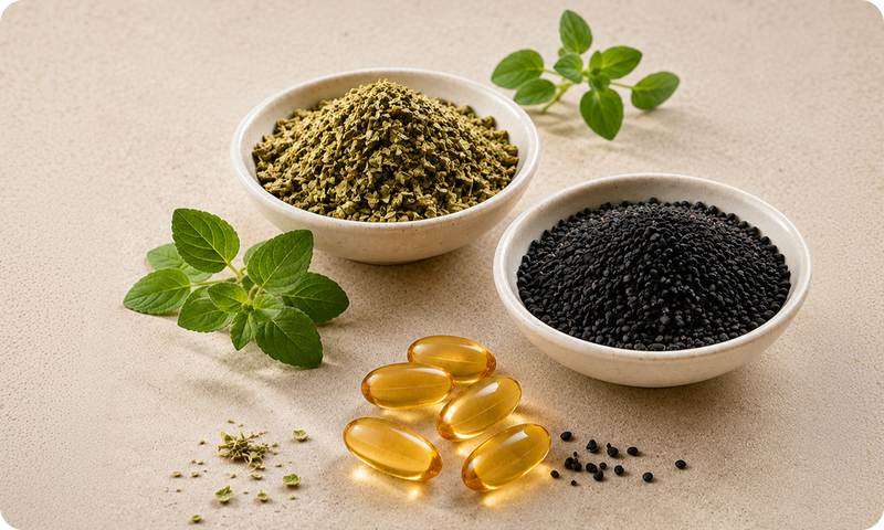 Oregano and black seed oil ingredients beside Resilia softgels