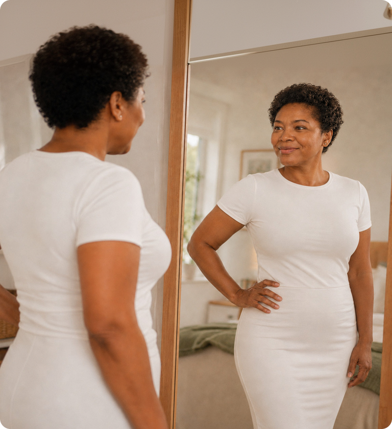 A woman noticing her healthier-looking reflection after six weeks
