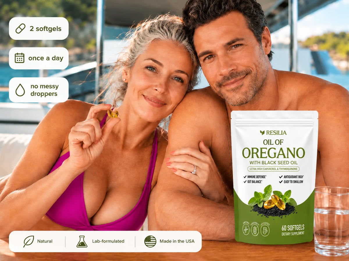 Couple on a yacht holding Resilia Oil of Oregano softgels